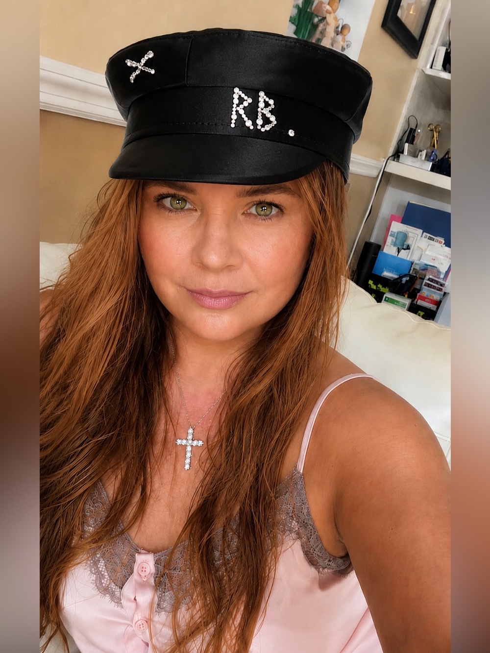 Black Embellished Fisherman Cap with Crystal RB Accent